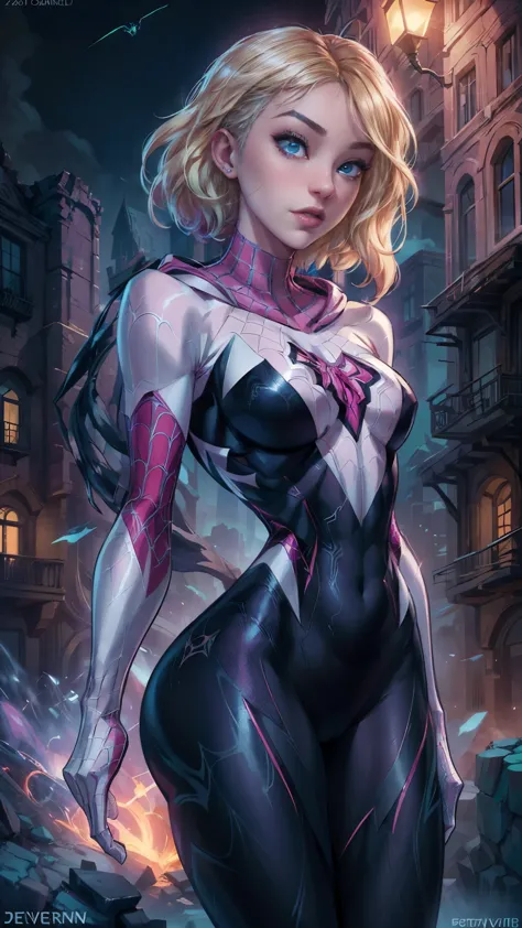 (La Best Quality,A high resolution,Ultra - detailed,actual),Spider -gwen standing in a city at night, araña-gwen, araña - gwen, ...