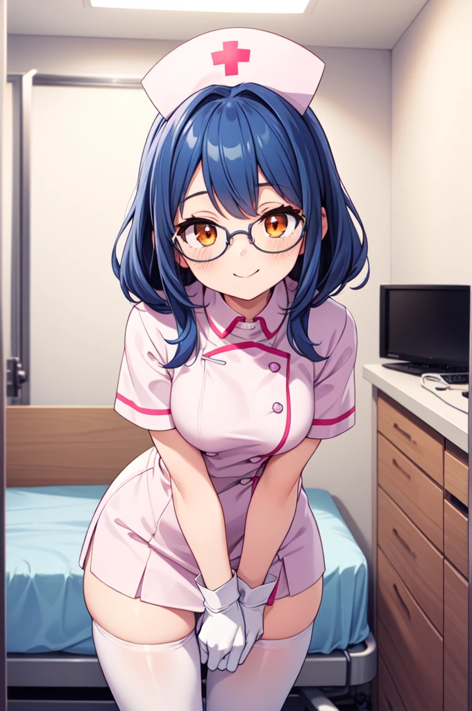 1girl, solo, nurse, nurse cap, white nurse uniform, ((white legwear, zettai ryouiki)), white gloves, glasses, blue hair, orange eyes, smile, standing, ((hospital room)), sharp outline, short sleeves, best quality, masterpiece