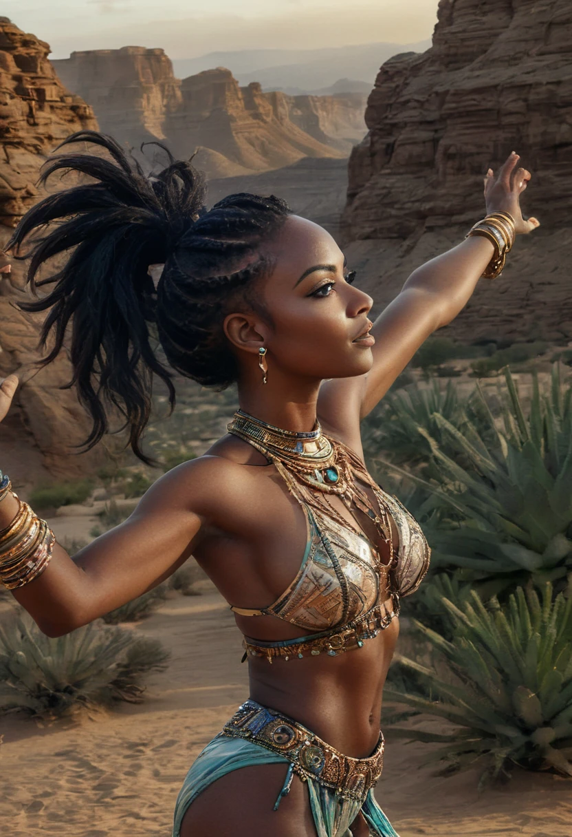 A beautiful young African woman with her arms outstretched towards the sky, desert goddess, incredibly gorgeous, stately and stately, generous, muscular, six pack abs, hair braided in a flowing ponytail, posing nude, ornate jewelry, looking at camera, sandy landscape, fantasy, ethereal, dreamy, dramatic lighting, vibrant colors, exquisite details, (highest quality, 4k, 8k, high resolution, masterpiece:1.2), ultra detailed, (realistic, photorealistic, photorealistic:1.37), vibrant colors, HDR, studio lighting, physically based rendering, concept art