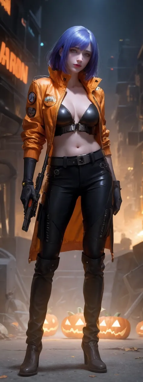 1girl,solo,realistic,cyberpunk, cyborg, halloween,  jack-o'-lantern, mechanical_arms, orange_jacket, Without pants， orange_shirt...