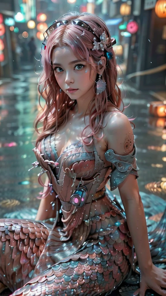 Ultra-detailed, master piece, best quality, high resolution, beautiful eyes, detailed eyes, detailed face, (super realistic photorealistic image:1.5), (cute and beautiful face, pink wavy hair, soft and light blue eyes that exude warmth and tenderness, tight body, covered with fish scales to emphasize her mermaid status, large and graceful fish tail in place of legs, which are also covered with scales and fused with cyberpunk electronics and tubes, elegantly dressed in a revealing kimono with traditional Japanese patterns:1.5) The lighting, colors, and mood of the scene are powerful and cinematic, with the beautiful seaside scenery and the soft glow of the city lights creating a magical atmosphere. The design and details are ultra-clear and detailed, emphasizing the mermaid-like appearance with prominent fish tails, shimmering skin scales, and cyborg elements, and the images are of the highest quality and ultra-realistic photography.