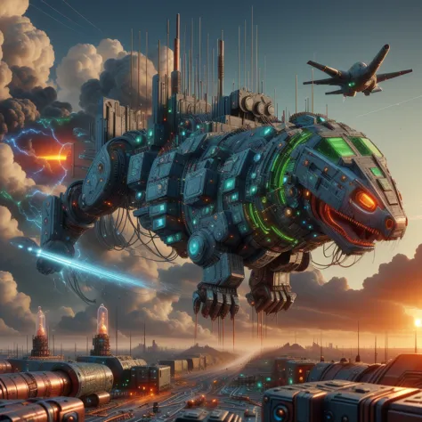 Circuit Technology ,Science Fiction, cable, CMOS circuit, copper ,
 battle tanks, In the city,Sunset， Epic war scenes