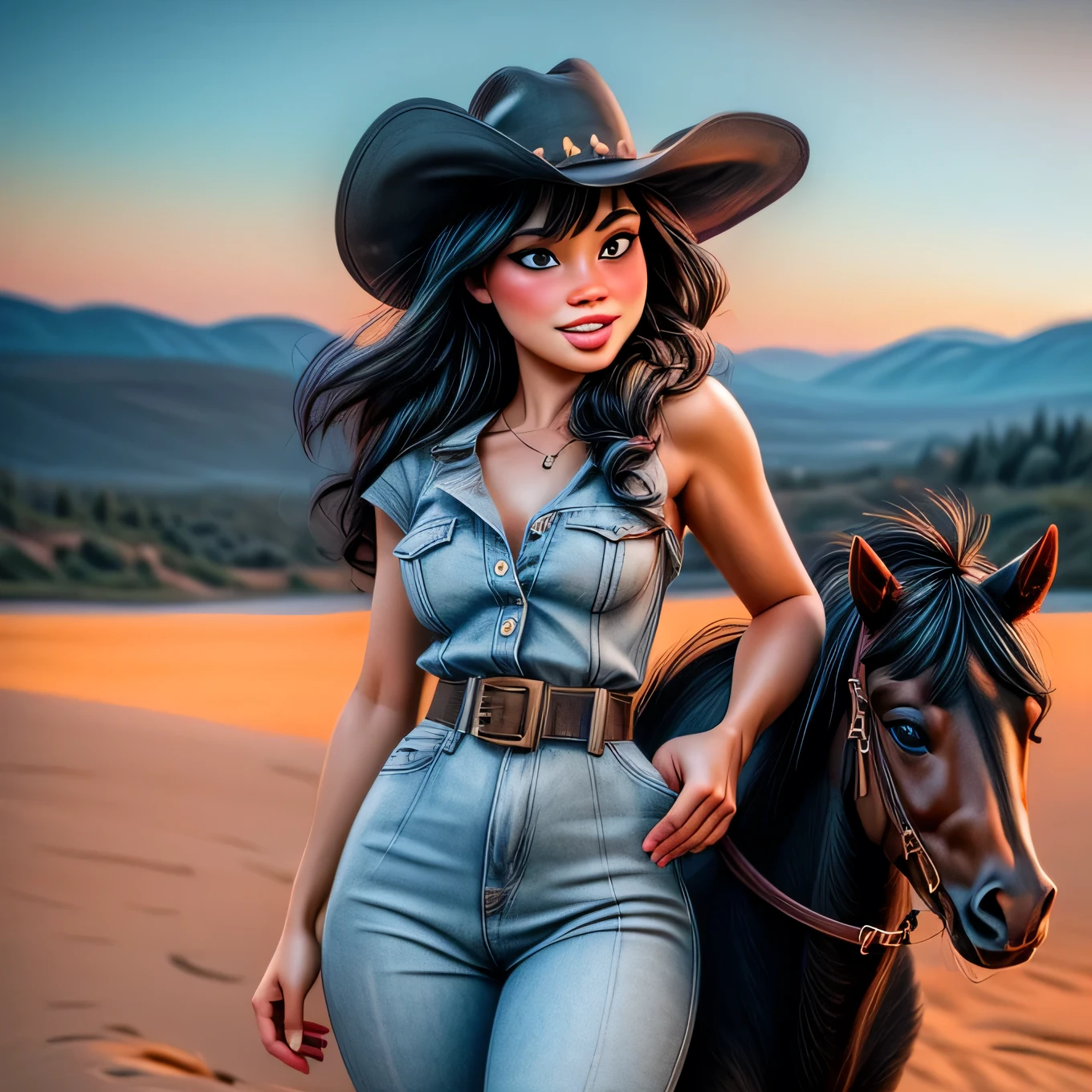 25yo girl gorgeous, courageous girl smiles sweetly seductively,
she is bathing naked in a dessert lake wearing only a cowboy hat
(saddled strong powerful black horse:1,5),
look at the viewer,
(against the backdrop of the foothills of the beautiful high rocky mountains of north america, 
general plan wide shot:1,5),
cartoon illustration, vivid colours, Ultra detailed, high resolution, UHD, 8k, ((best quality, masterpiece:1.2), ultra-detailed, realistic, HDR, top view, cowboy shot, dramatic strong lighting,