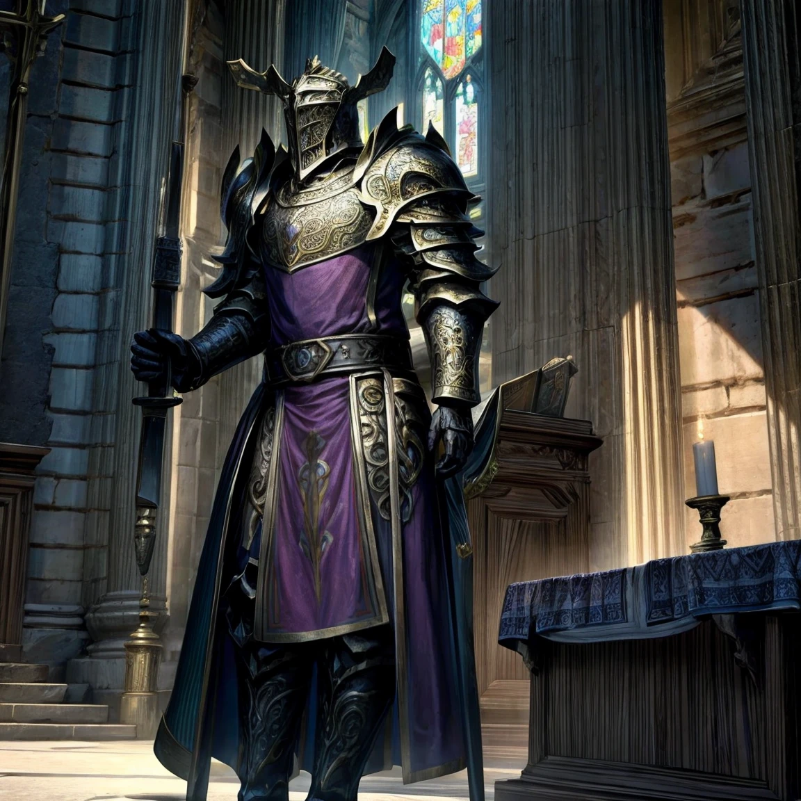 Draego,  a medieval knight in shining armor, standing in front of an altar in a large cathedral, dramatic backdrop, high contrast, wide angle lens, vibrant colors, serene, detailed intricate armor, flowing cape, determined facial expression, sunlight streaming through stained glass windows, ornate altar with candles, dramatic shadows, cinematic composition, photorealistic, 8k, hyper detailed, masterpiece