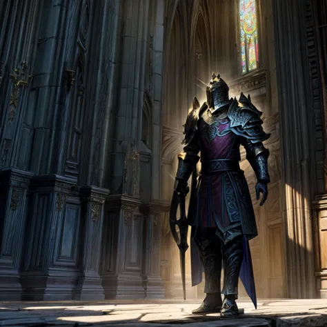 draego,  a medieval knight in shining armor, standing in front of an altar in a large cathedral, dramatic backdrop, high contras...