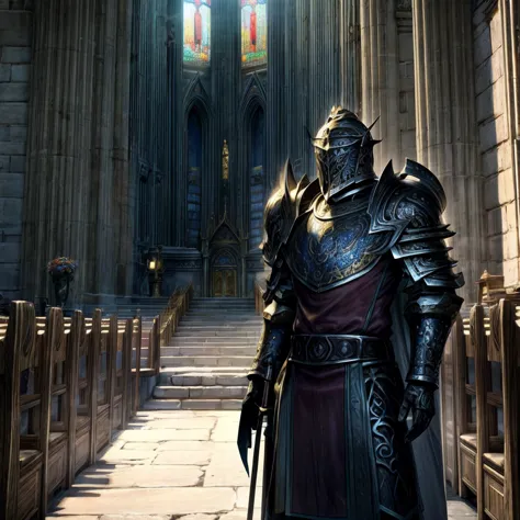 draego,  a medieval knight in shining armor, standing in front of an altar in a large cathedral, dramatic backdrop, high contras...