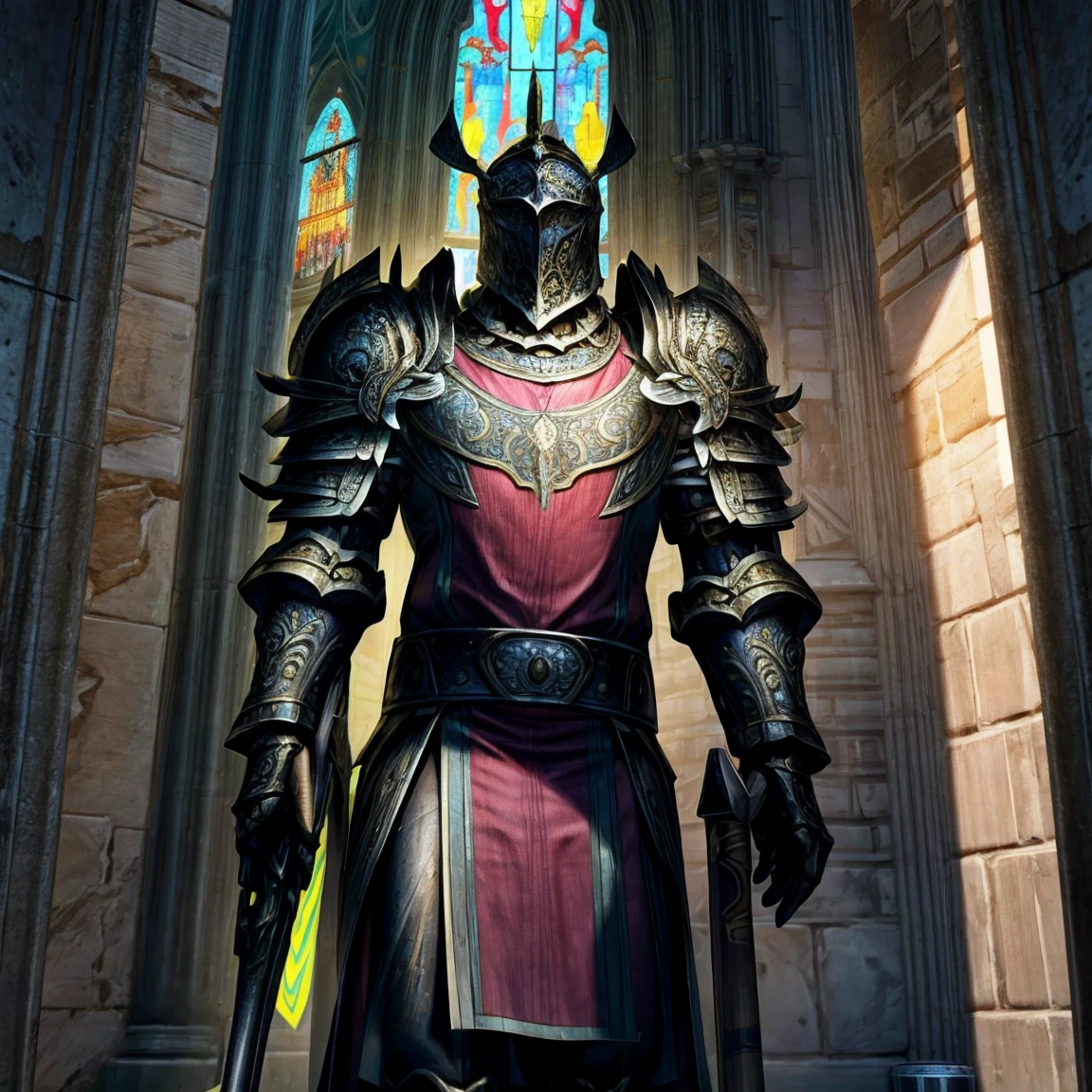 Draego,  a medieval knight in shining armor, standing in front of an altar in a large cathedral, dramatic backdrop, high contrast, wide angle lens, vibrant colors, serene, detailed intricate armor, flowing cape, determined facial expression, sunlight streaming through stained glass windows, ornate altar with candles, dramatic shadows, cinematic composition, photorealistic, 8k, hyper detailed, masterpiece