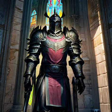 draego,  a medieval knight in shining armor, standing in front of an altar in a large cathedral, dramatic backdrop, high contras...