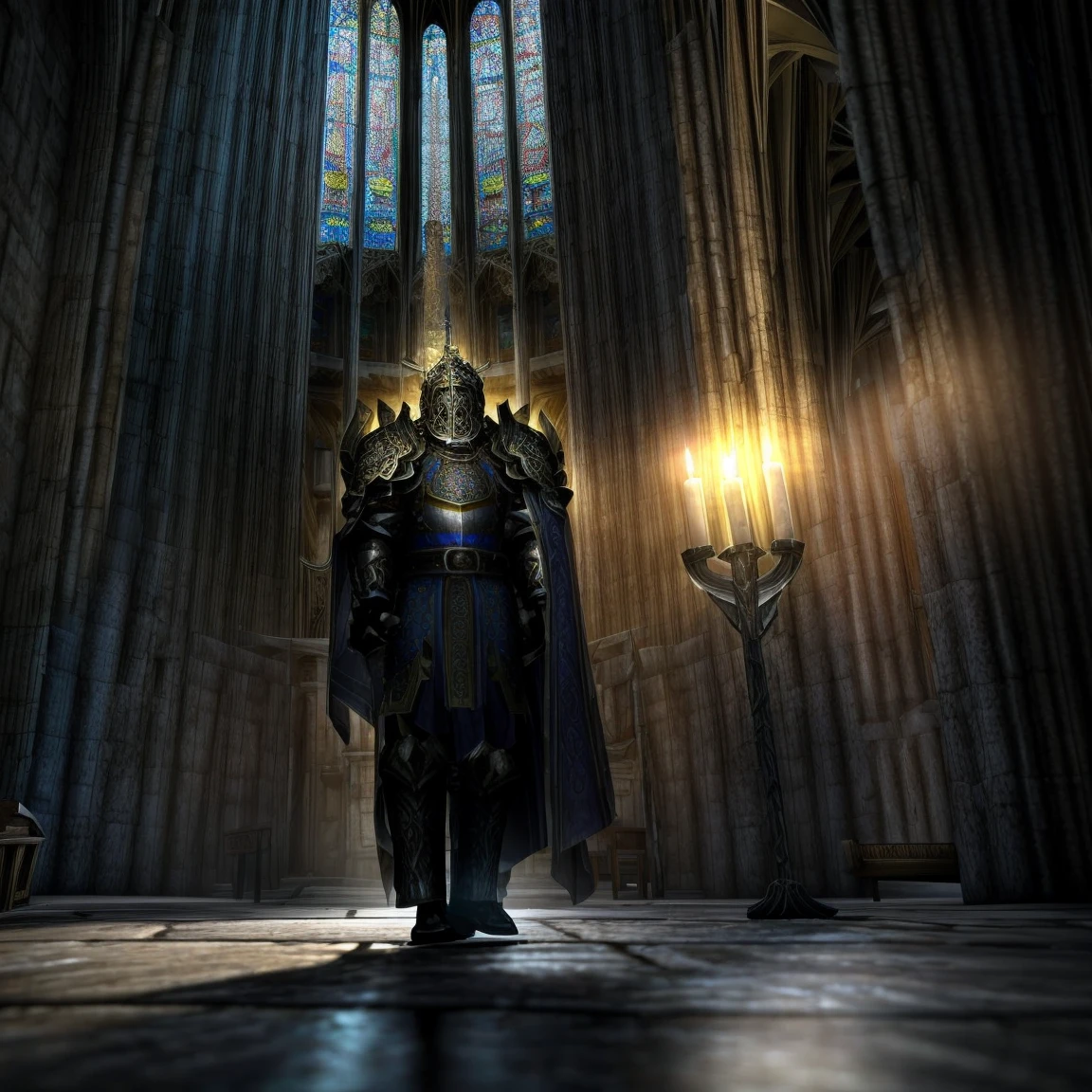 Draego, a medieval knight in shining armor, standing in front of an altar in a large cathedral, dramatic backdrop, high contrast, wide angle lens, vibrant colors, serene, detailed intricate armor, flowing cape, determined facial expression, sunlight streaming through stained glass windows, ornate altar with candles, dramatic shadows, cinematic composition, photorealistic, 8k, hyper detailed, masterpiece
