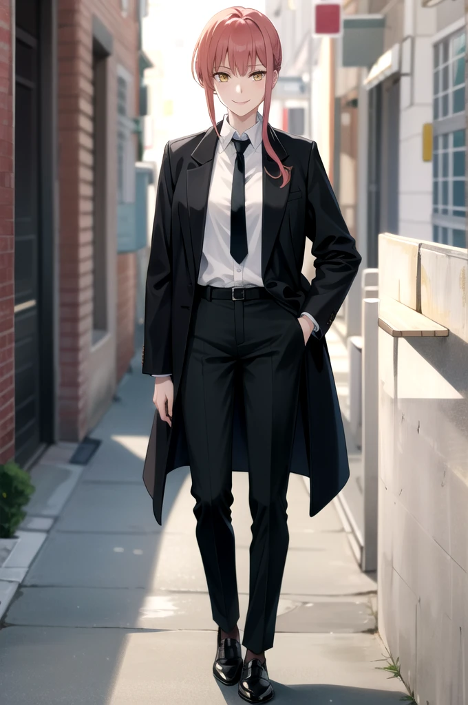 tall body, tall, long legs, mature female, mature, adult, EFT_Makima, makima (chainsaw man), 1girl, necktie, black necktie, ringed eyes, shirt, yellow eyes, looking at viewer, smile, formal, suit, collared shirt, solo focus, white shirt, red hair, sidelocks, coat, black coat, medium hair, bangs, black jacket, jacket, business suit, light smile, blurry, blurry background sexy full body