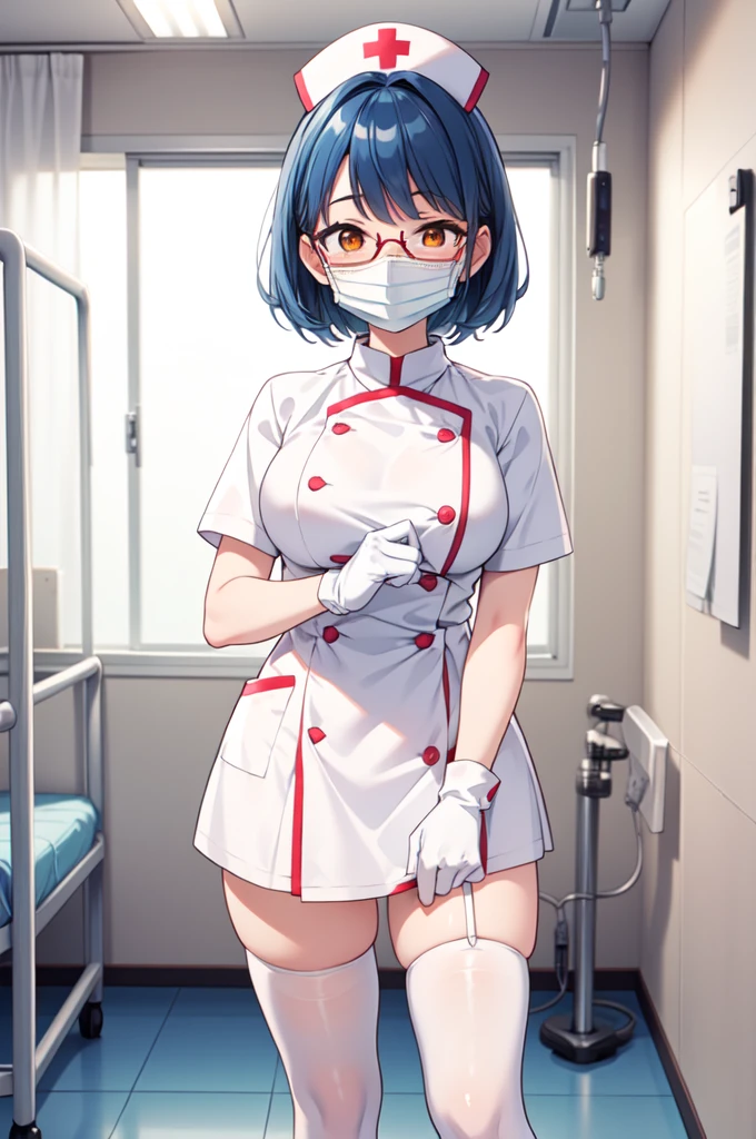 1woman, solo, nurse, white nurse cap, white nurse uniform, ((white legwear, zettai ryouiki)), white gloves, glasses, blue hair, orange eyes, ((white surgical mask, covered nose)), standing, ((hospital room)), sharp outline, short sleeves, mature female, 35 years old, best quality, masterpiece