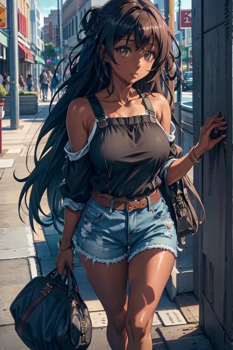 Mio Naruse, A black woman with dark eyes with dark brown box braids in denim shorts and a green blouse in a square