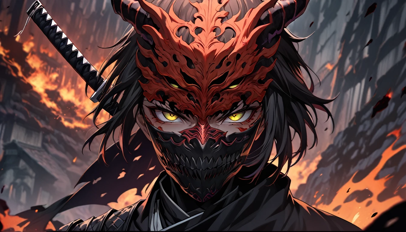 ninja mask, cape,close up, black heavy detailed clothes, katana, art, dark and malevolent, hand sword, armor, powerful and intimidating, (masterpiece, best quality, ultra-detailed, best shadow), (detailed background, dark fantasy) dramatic light, intricate details, dark and malevolent, powerful and intimidating, Dark and foreboding, malevolent force, sinister and chilling, armor, high detailed background, girl in demon slayer art, demon slayer art style, epic anime art, God death