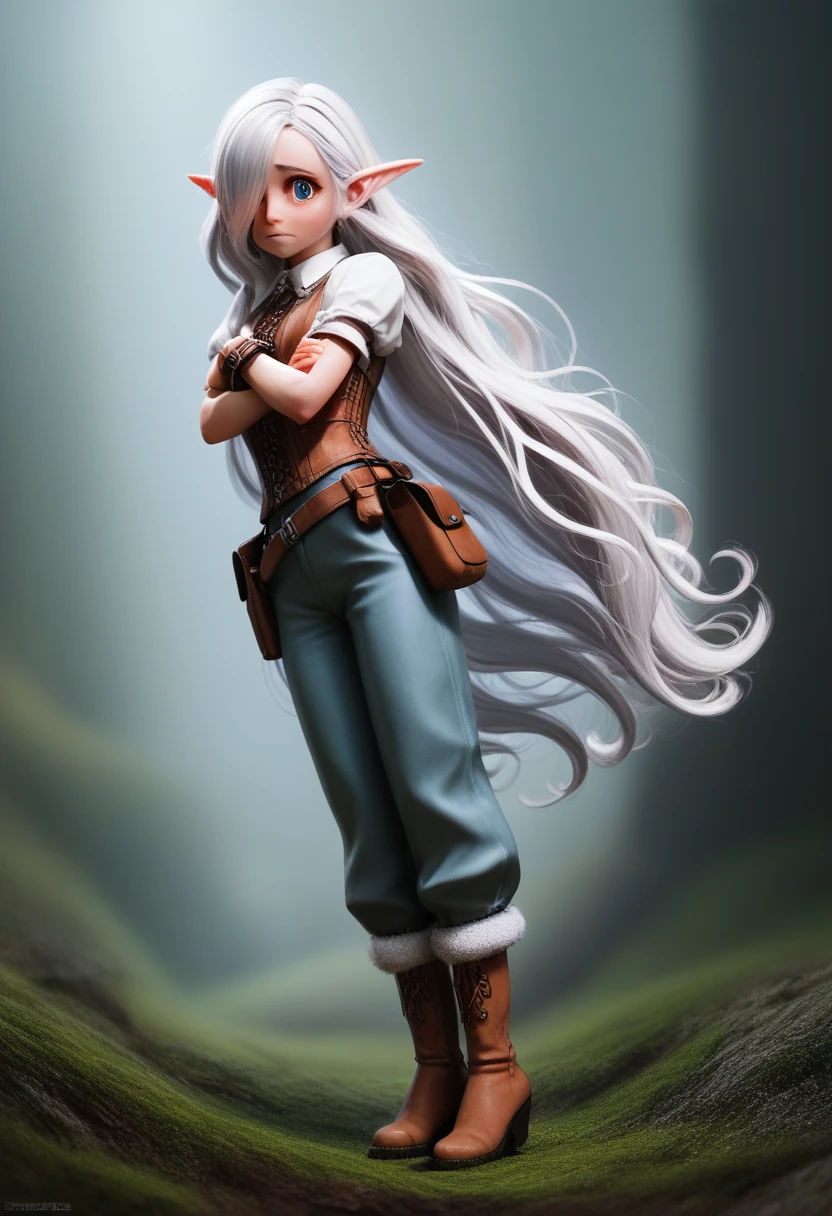 a small girl with pale skin, very long wavy silver hair covering one eye, bright blue anime-style eyes with long lashes, wearing a corset, white puffy long sleeved shirt, and puffy cloth pants, leather bound boots, set in a windy fantasy landscape, (best quality, 4k, 8k, highres, masterpiece :1.2),ultra-detailed,dungeons and dragons, long elf ears, detailed skin and cloth textures, cute detailed face,intricate details,extremely detailed,1girl,dynamic pose with hair covering one eye, shy personality, puffy cloth pants with leather belt, detailed privateer outfit, detailed buccaneer outfit, pouch on belt, wearing ornate leather armor with fur trim, silver inlay detail, wearing fur trimmed boots, wearing fur trimmed gloves, short, short height, halfing girl, small girl, very long detailed flowing hair, big head, big round eyes, windy, wind blown hair,bwirey muscles, fighter, dynamic angle, kineticist, pathfinder, pathfinder kineticist, wind kineticist