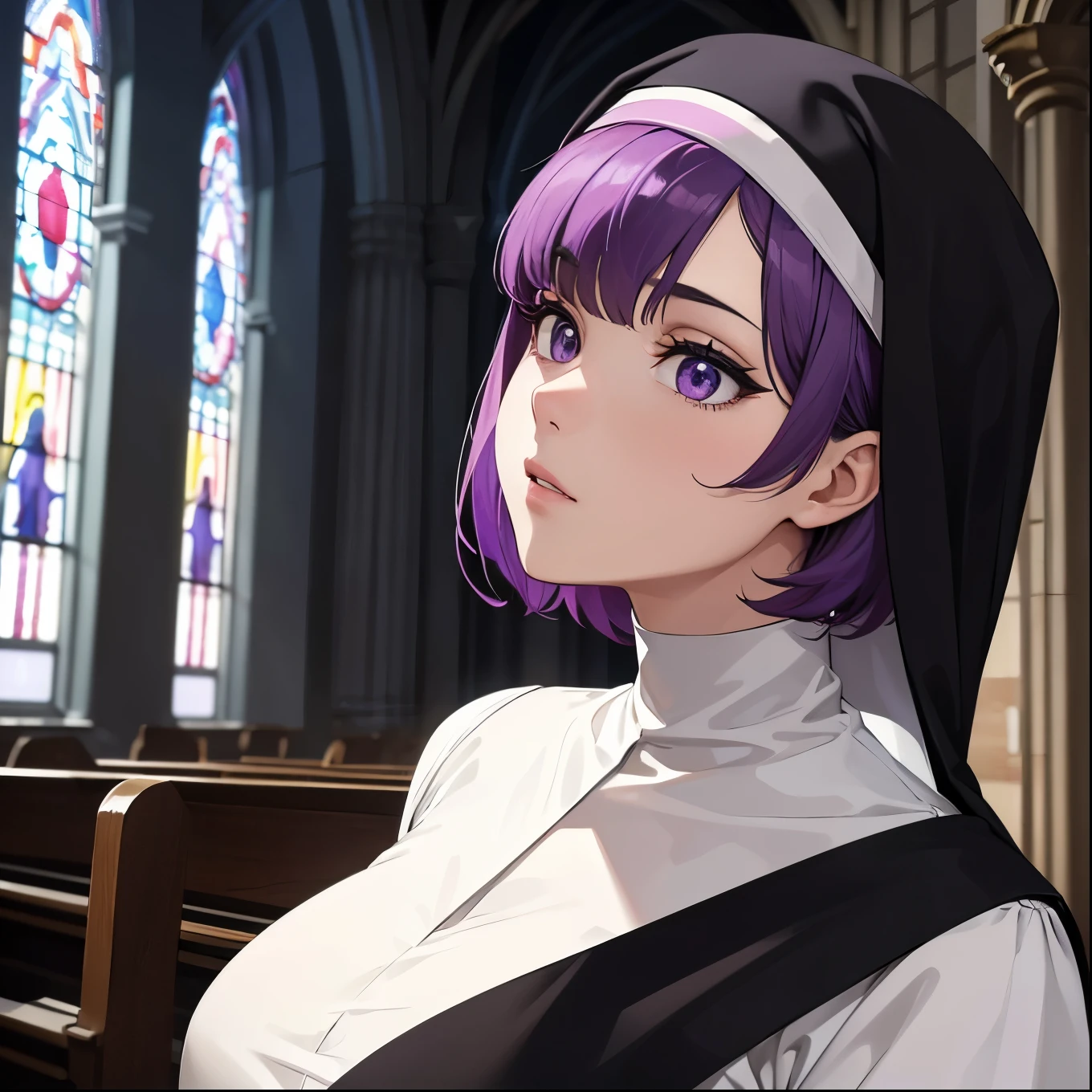 Qualidade superior, obra de arte, resolução ultra-alta, imagem de uma menina com cabelo roxo curto e olhos roxos e ela está em uma igreja vestindo uma freira&#39;roupa, ela está de costas mostrando sua bunda grande 