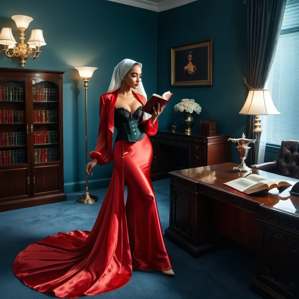 A woman secretary in the translucent red night gown, half naked,nipple on, wear corset with bra expose, wear blazer,wearing satin hijab, full body,mermaid tight long gown, flowy dramatic long gown,very long flor length gown, tall women, in office room,wear glass, hold a book,
 sexy face, sexy pose, wear high heels, masterpice, hyper realistic