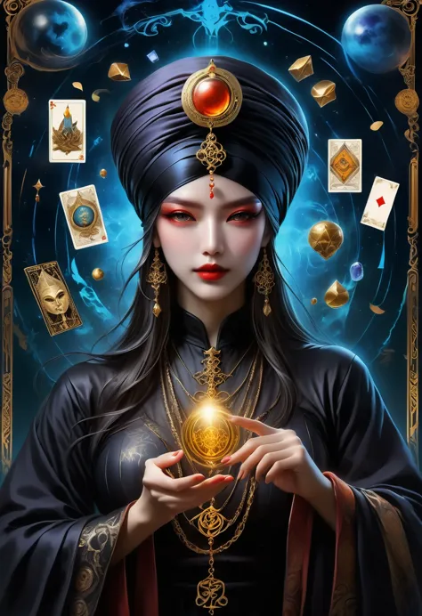 Onmyoji，Metal photo frame，card，tarot cards：1.37.Mysterious fortune teller wearing a turban，Finger taps an array of tarot cards i...