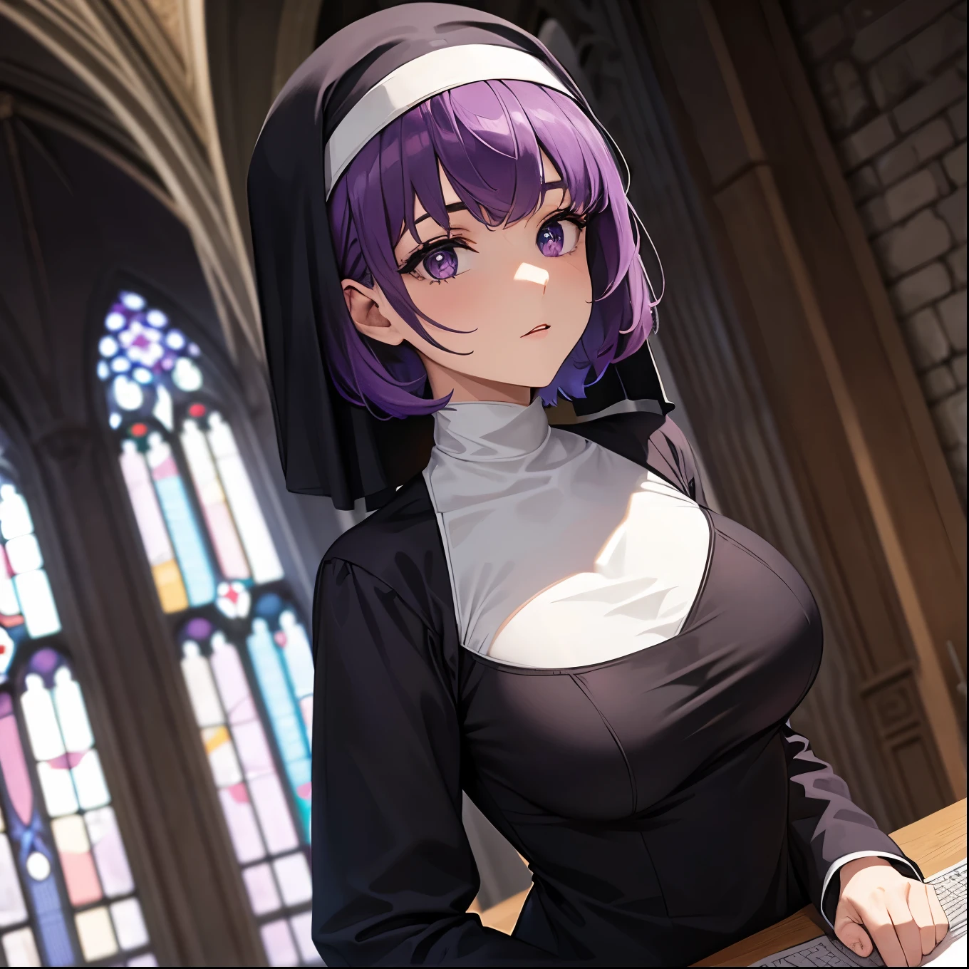 高級, 傑作, 超高解析度, 一個紫色短髮和紫色眼睛的女孩的照片，她穿著修女在教堂裡&#39;服裝, 她仰躺著，展示她的大屁股 