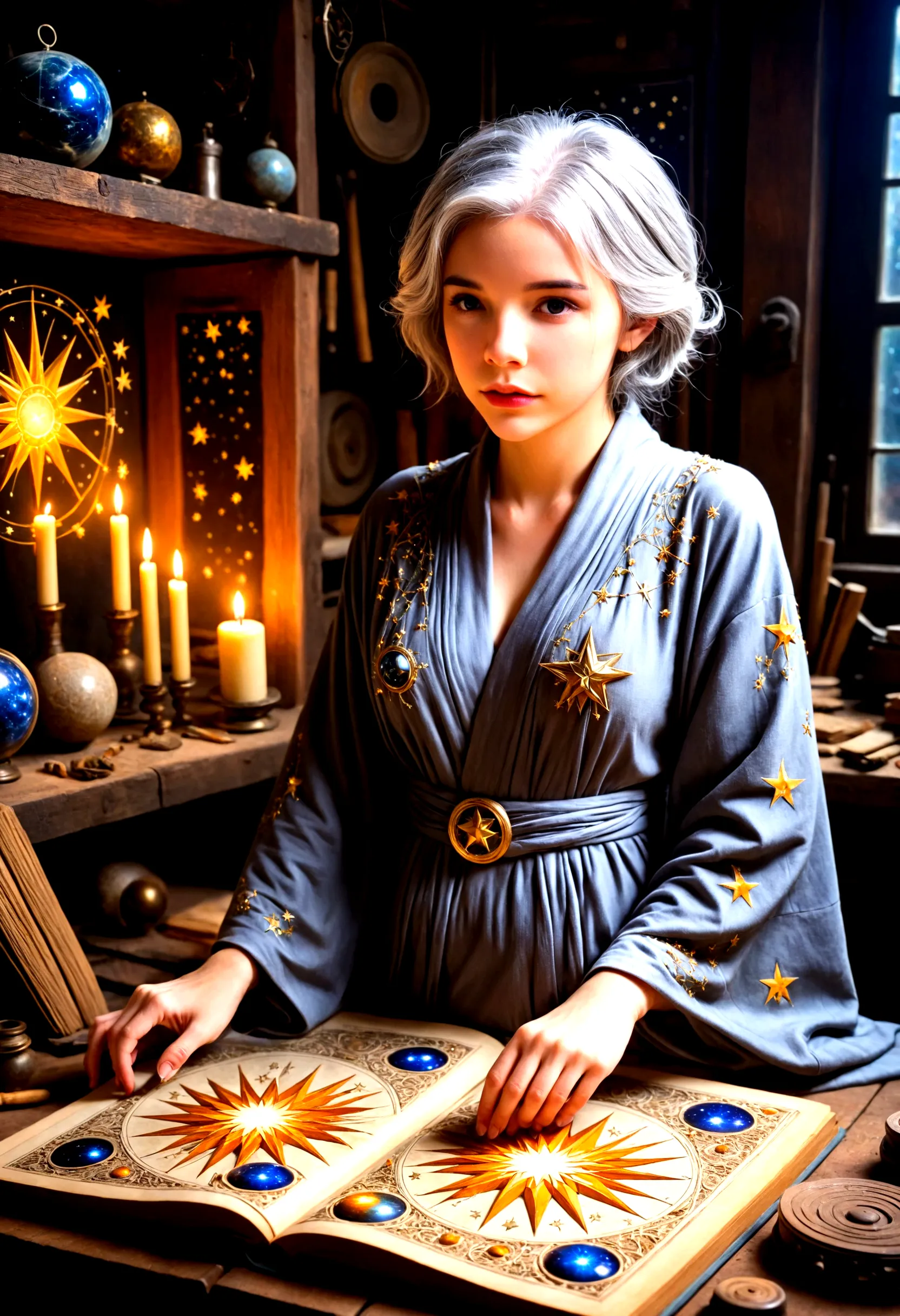 a cute young woman (gray haired) (mystical robes with intricate star designs) is in her workshop with many star observation tool...