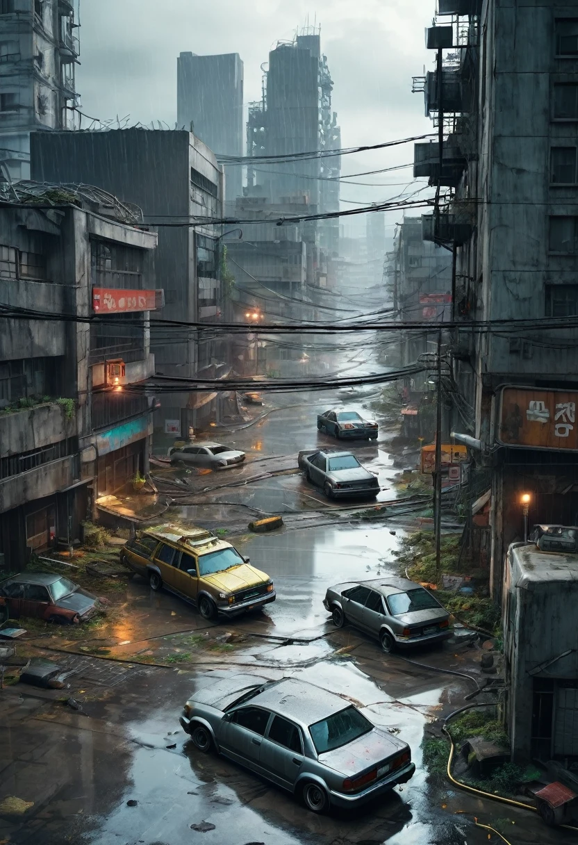 Imagem do centro de uma cidade moderna ultrafuturista abandonada com carros abandonados enferrujados e sujos tombados entre os edifícios modernos redondos e circulares cinzentos em ruínas, Estilo ciberpunk, chuva e poças de água no chão, ficção científica, vista de cima de uma altura de 30 metros, apocalipse nuclear, cenário urbano com postes com semáforos e fios de postes caídos,  há uma cerca de arame enferrujada ao redor dos prédios, Há outdoors que foram apagados e caíram de prédios, muitos edifícios no horizonte o mais realista possível, alta qualidade, 4K, hiper detalhado