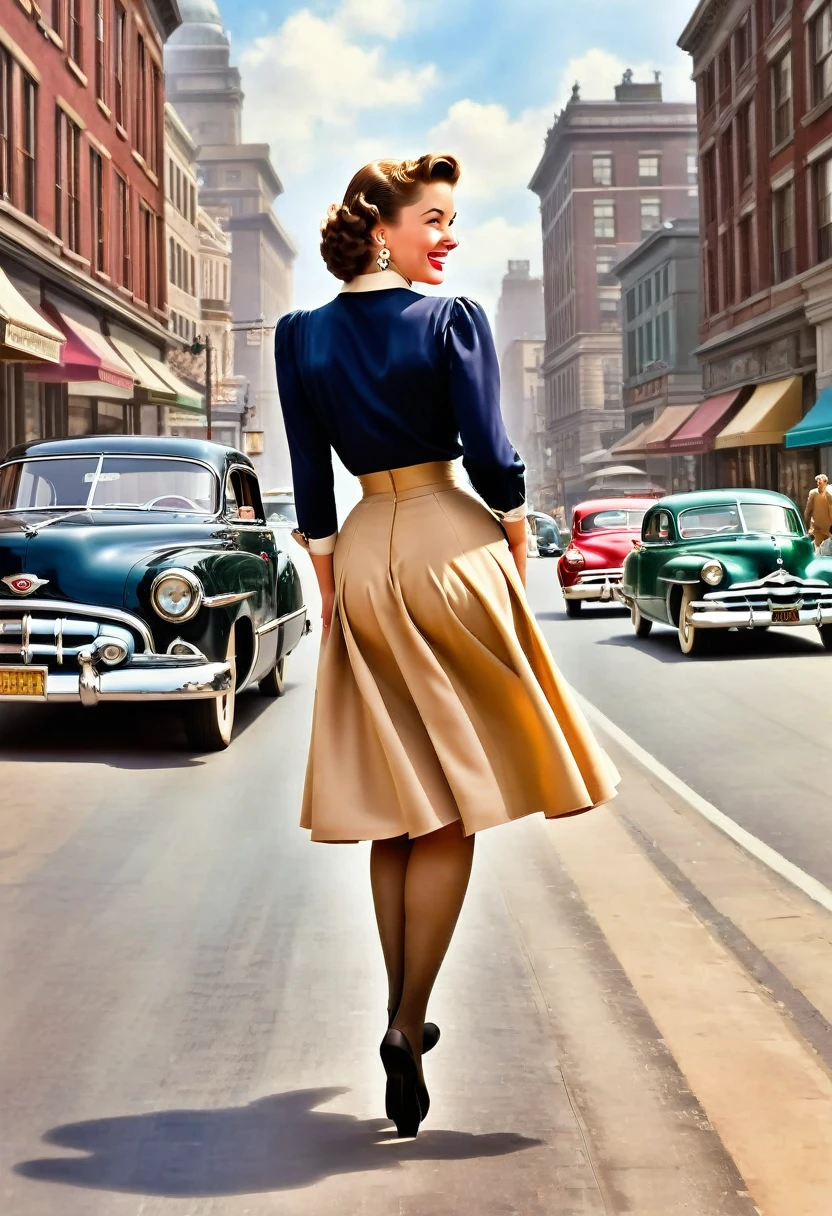 A vibrant streetscape from the 1950s, Beautiful woman crossing the road, (((Wearing a knee-length skirt))) Accentuating her curves, A fitted blouse that accentuates your bust, Bullet bra for support, (((The seams of her seductive stockings draw attention))) as she smiles over her shoulder in response to a whistle From behind. This woman embodies the quintessential pin-up girl., With a radiant smile and a confident demeanor. Her hair is perfectly styled, Pair it with accessories such as earrings and necklaces. When she crosses the road, Her skirt floats up a little in the breeze, Further accentuating her feminine features. On the background of cityscape, More pedestrians and classic cars、It exudes a 1950s atmosphere.。. This scene exudes charm and elegance., Women are confident々She is seductively showing off her beauty.. This photo shows、Captures the timeless charm and glamour of the 1950s。. This scene creates a nostalgic atmosphere, It perfectly captures the beauty and dynamics of the era.. The viewer is transported to a bygone era of style and elegance, The alluring charm of women is at the center, From behind, Wide Ankle Shot, (view From behind:1.5),(Whole Person:1.5), Vintage_p_style, Tan Nylon

