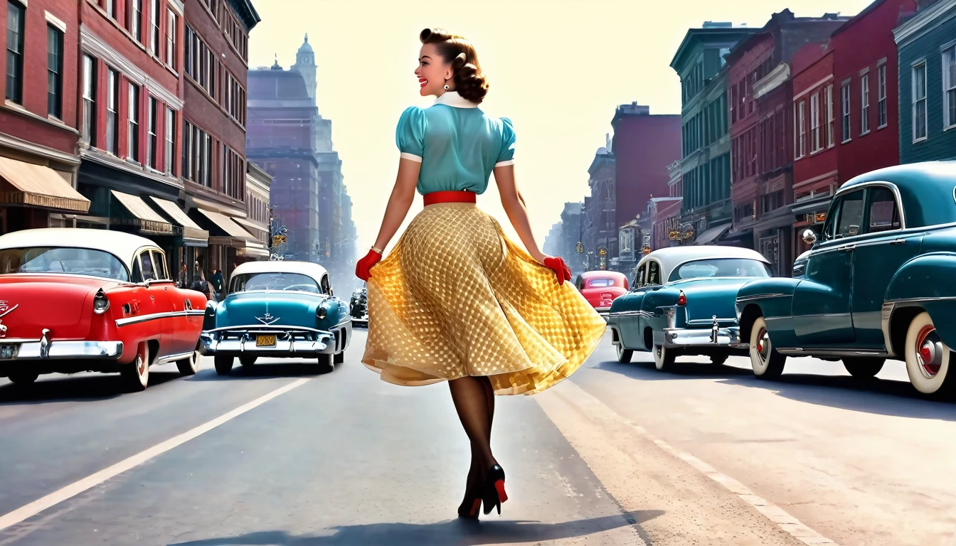 A vibrant streetscape from the 1950s, Beautiful woman crossing the road, (((Wearing a knee-length skirt))) Accentuating her curves, A fitted blouse that accentuates your bust, Bullet bra for support, (((The seams of her seductive stockings draw attention))) as she smiles over her shoulder in response to a whistle From behind. This woman embodies the quintessential pin-up girl., With a radiant smile and a confident demeanor. Her hair is perfectly styled, Pair it with accessories such as earrings and necklaces. When she crosses the road, Her skirt floats up a little in the breeze, Further accentuating her feminine features. On the background of cityscape, More pedestrians and classic cars、It exudes a 1950s atmosphere.。. This scene exudes charm and elegance., Women are confident々She is seductively showing off her beauty.. This photo shows、Captures the timeless charm and glamour of the 1950s。. This scene creates a nostalgic atmosphere, It perfectly captures the beauty and dynamics of the era.. The viewer is transported to a bygone era of style and elegance, The alluring charm of women is at the center, From behind, Wide Ankle Shot, (view From behind:1.5),(Whole Person:1.5), Vintage_p_style, Tan Nylon

