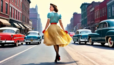 A vibrant streetscape from the 1950s, Beautiful woman crossing the road, (((Wearing a knee-length skirt))) Accentuating her curv...