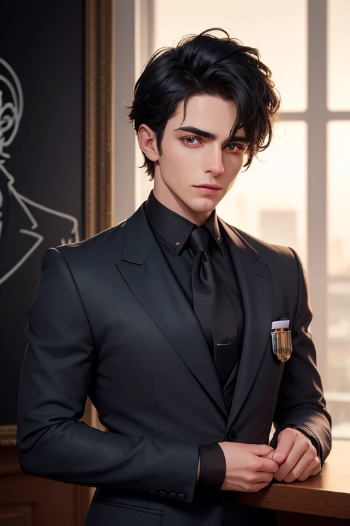 A handsome young man with very short black hair, detailed eyes, extremely detailed eyes and face, wearing a blue blazer style uniform with tie and black long pants adjusted to his size, black shoes, standing in the anatomy club room, looking at the viewer with an arrogant, athletic and handsome expression, standing imposingly, good-looking villain style, surrounded by drawings of the human body on the blackboard, replica of a human bust on the table, (best quality, 4k, 8k, high resolution, masterpiece: 1.2 ), ultra-detailed, (realistic, photorealistic, photorealistic: 1.37), HDR, UHD, studio lighting, ultra-thin painting, sharp focus, physically based rendering, extreme detail depiction, professional, vivid colors, bokeh, portraits, photography, colors Warm, dramatic lighting