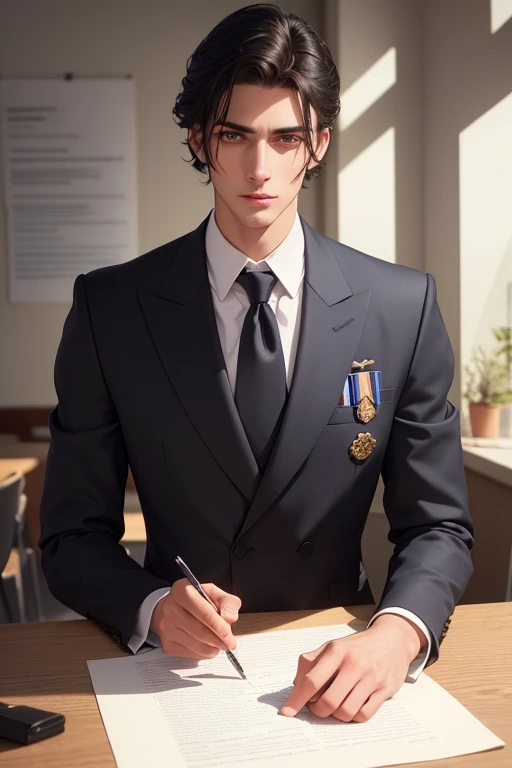 A handsome young man with very short black hair, detailed eyes, extremely detailed eyes and face, wearing a blue blazer style uniform with tie and black long pants adjusted to his size, black shoes, standing in the anatomy club room, looking at the viewer with an arrogant, athletic and handsome expression, standing imposingly, good-looking villain style, surrounded by drawings of the human body on the blackboard, replica of a human bust on the table, (best quality, 4k, 8k, high resolution, masterpiece: 1.2 ), ultra-detailed, (realistic, photorealistic, photorealistic: 1.37), HDR, UHD, studio lighting, ultra-thin painting, sharp focus, physically based rendering, extreme detail depiction, professional, vivid colors, bokeh, portraits, photography, colors Warm, dramatic lighting