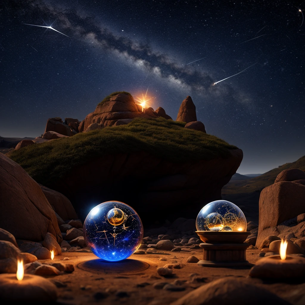 astrologer, starry night sky, planetary constellations, crystal ball, ancient astronomy, mystical symbols, horoscope, zodiac, divination, cosmic energy, ethereal glow, celestial magic, intricate details, imaginative composition, cinematic lighting, dramatic atmosphere, fantasy art, deep color palette, mesmerizing digital art