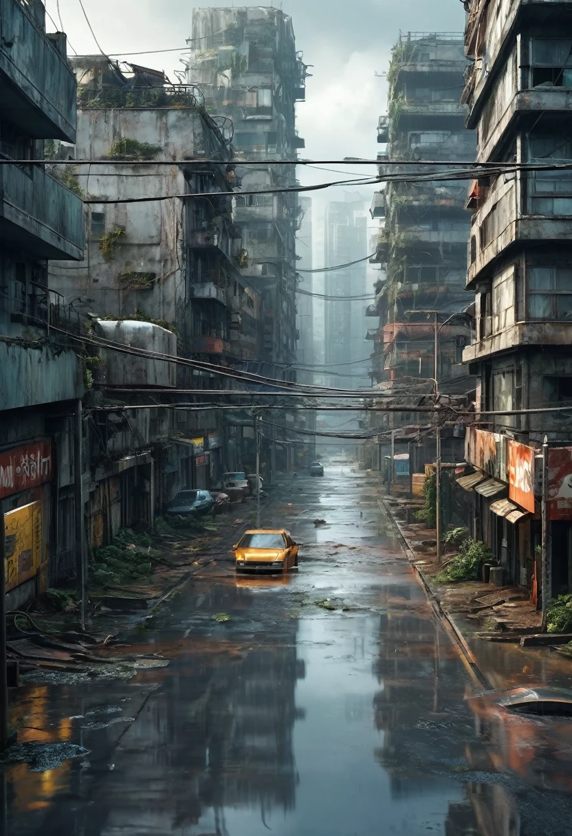 Imagem do centro de uma cidade moderna ultra futurista abandonada com carros enferrujados e sujos abandonados e acidentados em pé entre os edifícios modernos, redondos e circulares, cinzentos e em ruínas, Estilo ciberpunk, chuva e poças de água no chão, ficção científica, vista de cima de uma altura de 30 metros, apocalipse nuclear, cenário urbano com postes com semáforos e fios de postes caídos,  há uma cerca de arame enferrujada ao redor dos prédios, Há outdoors que foram apagados e caíram de prédios, muitos edifícios no horizonte o mais realista possível, alta qualidade, 4K, hiper detalhado