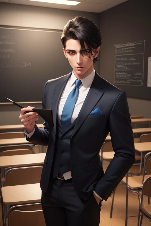 a handsome young man with very short black hair, beautiful detailed eyes, extremely detailed eyes and face, longeyelashes, wearing a blue blazer style uniform with tie and black long pants adjusted to his size, black shoes, standing in the anatomy club room, looking at the viewer with an arrogant, athletic and handsome expression, standing imposingly, good-looking villain style, surrounded by drawings of the human body on the blackboard, replica of a human bust on the table, (best quality,4k,8k,highres,masterpiece:1.2),ultra-detailed,(realistic,photorealistic,photo-realistic:1.37),HDR,UHD,studio lighting,ultra-fine painting,sharp focus,physically-based rendering,extreme detail description,professional,vivid colors,bokeh,portraits,photography,warm colors,dramatic lighting