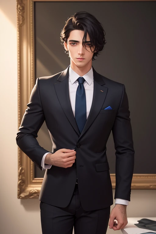 a handsome young man with very short black hair, beautiful detailed eyes, extremely detailed eyes and face, longeyelashes, wearing a blue blazer style uniform with tie and black long pants adjusted to his size, black shoes, standing in the anatomy club room, looking at the viewer with an arrogant, athletic and handsome expression, standing imposingly, good-looking villain style, surrounded by drawings of the human body on the blackboard, replica of a human bust on the table, (best quality,4k,8k,highres,masterpiece:1.2),ultra-detailed,(realistic,photorealistic,photo-realistic:1.37),HDR,UHD,studio lighting,ultra-fine painting,sharp focus,physically-based rendering,extreme detail description,professional,vivid colors,bokeh,portraits,photography,warm colors,dramatic lighting