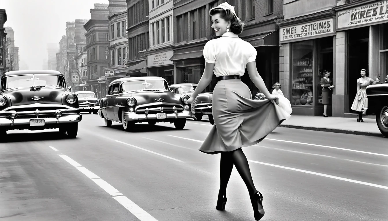 Black and white photography、A vibrant streetscape from the 1950s, Beautiful woman crossing the road, (((Wearing a knee-length skirt))) Accentuating her curves, A fitted blouse that accentuates your bust, Bullet bra for support, (((The seams of her seductive stockings draw attention))) as she smiles over her shoulder in response to a whistle From behind. This woman embodies the quintessential pin-up girl., With a radiant smile and a confident demeanor. Her hair is perfectly styled, Pair it with accessories such as earrings and necklaces. When she crosses the road, Her skirt floats up a little in the breeze, Further accentuating her feminine features. On the background of cityscape, More pedestrians and classic cars、It exudes a 1950s atmosphere.。. This scene exudes charm and elegance., Women are confident々She is seductively showing off her beauty.. This photo shows、Captures the timeless charm and glamour of the 1950s。. This scene creates a nostalgic atmosphere, It perfectly captures the beauty and dynamics of the era.. The viewer is transported to a bygone era of style and elegance, The alluring charm of women is at the center, From behind, Wide Ankle Shot, (view From behind:1.5),(Whole Person:1.5), Vintage_p_style, Tan Nylon

