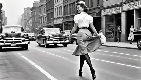 Black and white photography、A vibrant streetscape from the 1950s, Beautiful woman crossing the road, (((Wearing a knee-length sk...