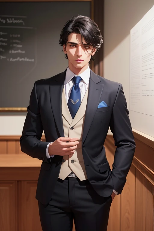 a handsome young man with very short black hair, beautiful detailed eyes, extremely detailed eyes and face, longeyelashes, wearing a blue blazer style uniform with tie and black long pants adjusted to his size, black shoes, standing in the anatomy club room, looking at the viewer with an arrogant, athletic and handsome expression, standing imposingly, good-looking villain style, surrounded by drawings of the human body on the blackboard, replica of a human bust on the table, (best quality,4k,8k,highres,masterpiece:1.2),ultra-detailed,(realistic,photorealistic,photo-realistic:1.37),HDR,UHD,studio lighting,ultra-fine painting,sharp focus,physically-based rendering,extreme detail description,professional,vivid colors,bokeh,portraits,photography,warm colors,dramatic lighting