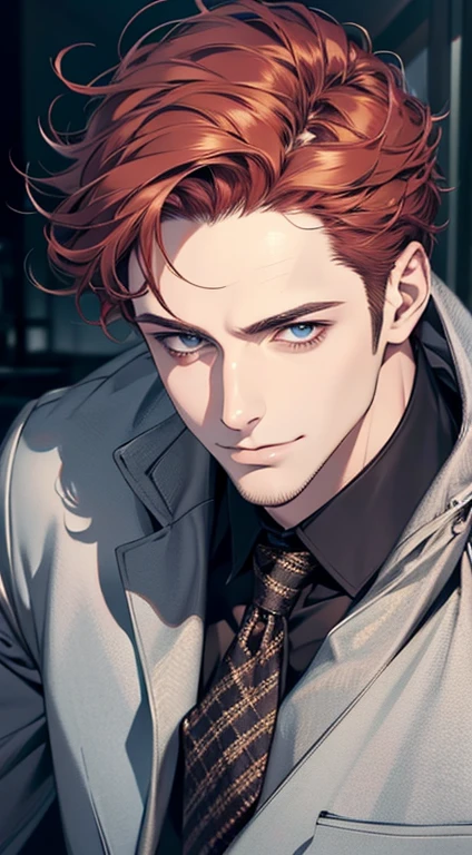 (best quality,4k,8k,highres,masterpiece:1.2),ultra-detailed,(realistic,photorealistic,photo-realistic:1.37),1 man,31 years old,mature man,very handsome,without expression,smile,short grey red hair,blue eyes,penetrating gaze,perfect face without errors,imposing posture,businessman,office background,cinematic lighting,hdr image