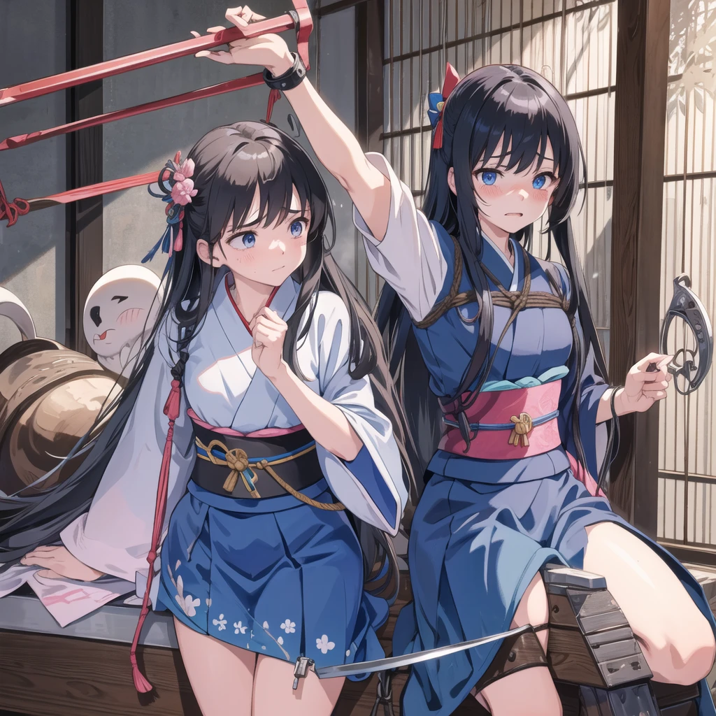 masterpiece, Highest quality,One girl,Single Blade,Black Hair,Long Hair,blue eyes,kimono,Short sleeve,blue short kimono,Pink ribbon,sash,Torn clothes blush,My tooth was damaged,embrrassed,Make a frown,tears,Hollow Eyes,Irritation,The body is slim,Small breasts,Sweat,Suppressed,Put your arms behind your head,Raise the hand,bound,Lock,Locked,defeat,Bondage,Imminent Rape,rope,shibari,Cowboy Shot,handcuffs,bondage,indoor,Japanese style wooden room_horse,rubbing the crotch,torture,heavy,breathe,trembling,From below, masterpiece, Highest quality, High resolution,