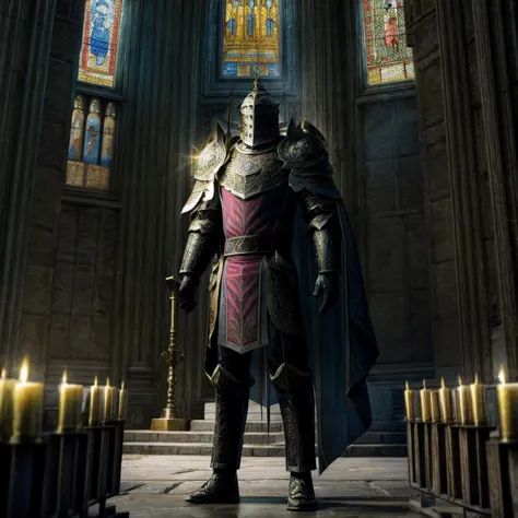 draego, a medieval knight in shining armor, standing in front of an altar in a large cathedral, dramatic backdrop, high contrast...