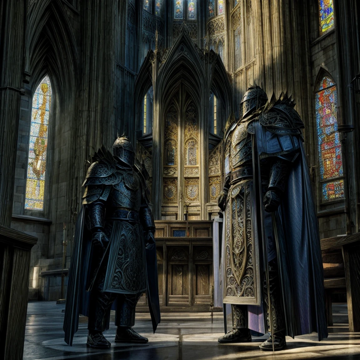 Draego, a medieval knight in shining armor, standing in front of an altar in a large cathedral, dramatic backdrop, high contrast, wide angle lens, vibrant colors, serene, detailed intricate armor, flowing cape, determined facial expression, sunlight streaming through stained glass windows, ornate altar with candles, dramatic shadows, cinematic composition, photorealistic, 8k, hyper detailed, masterpiece
