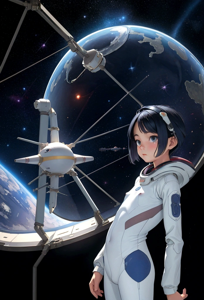 acuarela、Estar dentro de una nave espacial、Grandes ventanales de naves espaciales.、ejecutante, Planetas y nebulosas vistos desde la ventana de una nave espacial.、Chica mirando por la ventana、mecha、mecánico、Panorama、chica de unos 24 años(cara de bebe、Figura delgada、Parece un niño de 12 años.)bermudas、Fondo estilo Ukiyo-e、Pequeños tubos y tuberías ondulan como tentáculos...、Los pezones son visibles sin sostén.、traje espacial