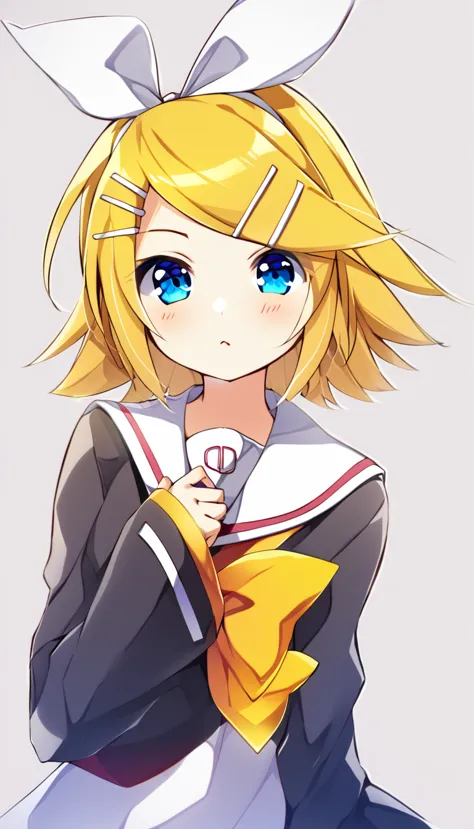 one girl, kagamine rin, vocaloid, blue eyes, simple background, sailor collar, off shoulder, black sleeve, hair clip, hair bow, ...