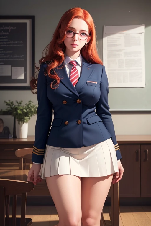 a beautiful young woman with long curly red hair, beautiful detailed eyes, large round glasses, beautiful detailed lips, extremely detailed eyes and face, freckles on her face, large bust, chubby, long eyelashes, wearing a blue blazer style uniform with tie and tight skirt, knee socks, standing in an anatomy club room, looking at the viewer with a sweet expression, surrounded by drawings of the human body on a blackboard, with a replica of the human bust on a table, (best quality,4k,8k,highres,masterpiece:1.2),ultra-detailed,(realistic,photorealistic,photo-realistic:1.37),HDR,UHD,studio lighting,ultra-fine painting,sharp focus,physically-based rendering,extreme detail description,professional,vivid colors,bokeh,portraits,photography,warm colors,dramatic lighting