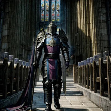 draego, a medieval knight in shining armor, standing in front of an altar in a large cathedral, dramatic backdrop, high contrast...