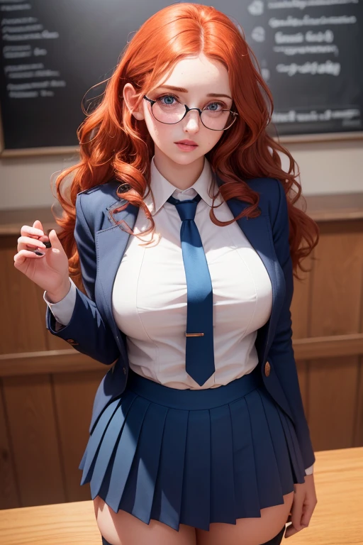 a beautiful young woman with long curly red hair, beautiful detailed eyes, large round glasses, beautiful detailed lips, extremely detailed eyes and face, freckles on her face, large bust, chubby, long eyelashes, wearing a blue blazer style uniform with tie and tight skirt, knee socks, standing in an anatomy club room, looking at the viewer with a sweet expression, surrounded by drawings of the human body on a blackboard, with a replica of the human bust on a table, (best quality,4k,8k,highres,masterpiece:1.2),ultra-detailed,(realistic,photorealistic,photo-realistic:1.37),HDR,UHD,studio lighting,ultra-fine painting,sharp focus,physically-based rendering,extreme detail description,professional,vivid colors,bokeh,portraits,photography,warm colors,dramatic lighting