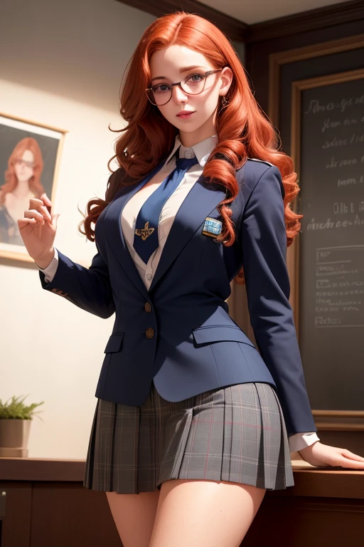 a beautiful young woman with long curly red hair, beautiful detailed eyes, large round glasses, beautiful detailed lips, extremely detailed eyes and face, freckles on her face, large bust, chubby, long eyelashes, wearing a blue blazer style uniform with tie and tight skirt, knee socks, standing in an anatomy club room, looking at the viewer with a sweet expression, surrounded by drawings of the human body on a blackboard, with a replica of the human bust on a table, (best quality,4k,8k,highres,masterpiece:1.2),ultra-detailed,(realistic,photorealistic,photo-realistic:1.37),HDR,UHD,studio lighting,ultra-fine painting,sharp focus,physically-based rendering,extreme detail description,professional,vivid colors,bokeh,portraits,photography,warm colors,dramatic lighting