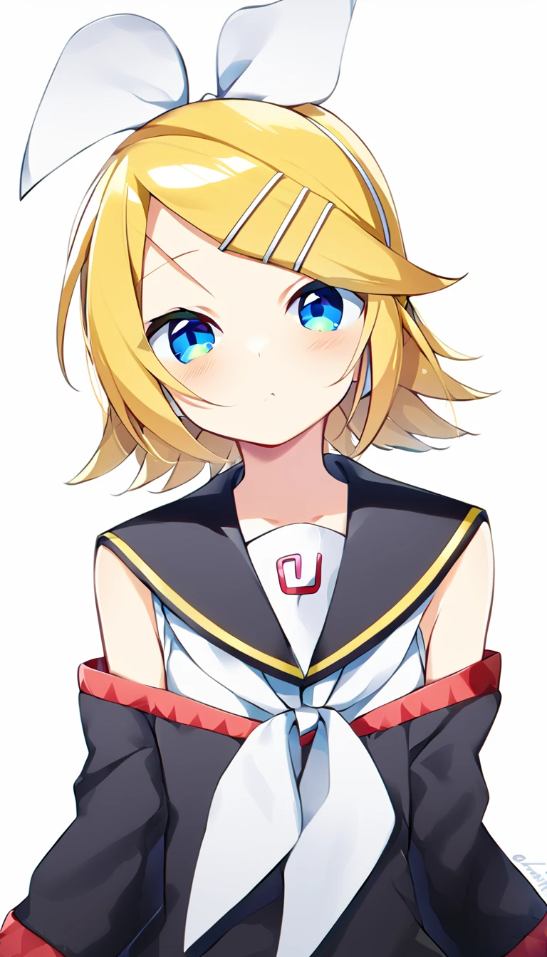 one girl, Kagamine Rin, Vocaloid, blue eyes, simple background, sailor collar, off shoulder, black sleeve, hair clip, hair bow, fourteen years old, cute