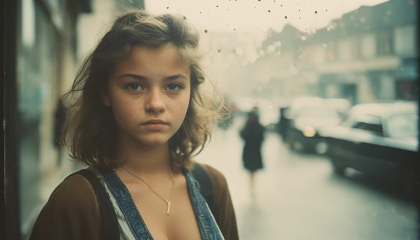 35mm vintage street photo of a cute teenager grabbing her own breast, big breast, bokeh, professional