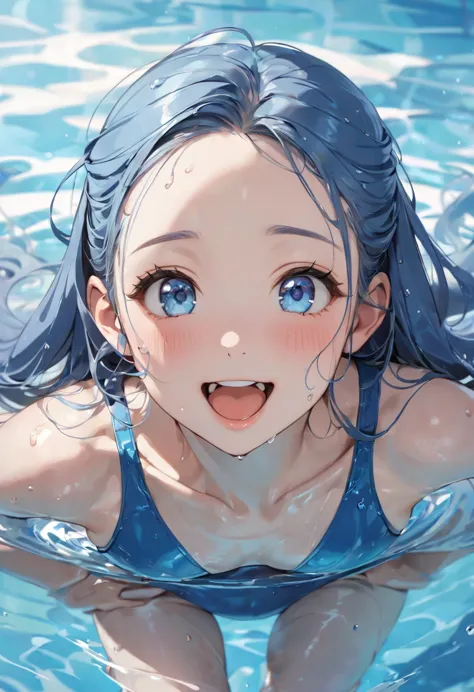 (Swimming Style, ), (Wet Skin, solo:2, 15 yo forehead blue hair long hair cute girl, lovely blue eyes, cute open mouth, glossy l...
