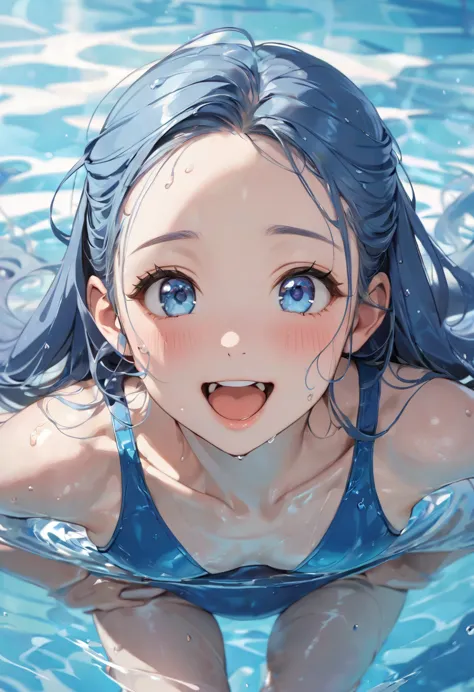 (swimming style, ), (wet skin, solo:2, 15 yo forehead blue hair long hair cute girl, lovely blue eyes, cute open mouth, glossy l...